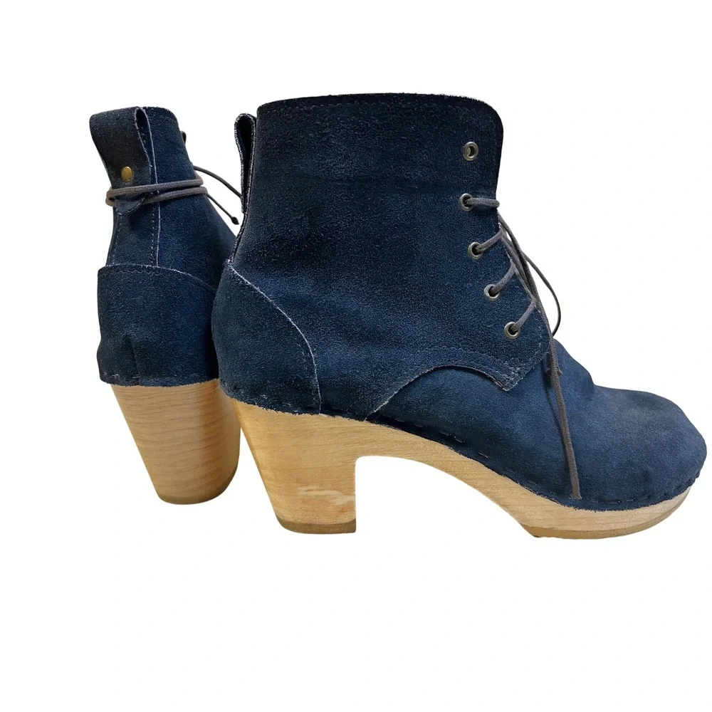 No.6 Suede Clog Boots Women‎ 39 Navy Blue Good Shearling Lined Lace Up Wood Heel